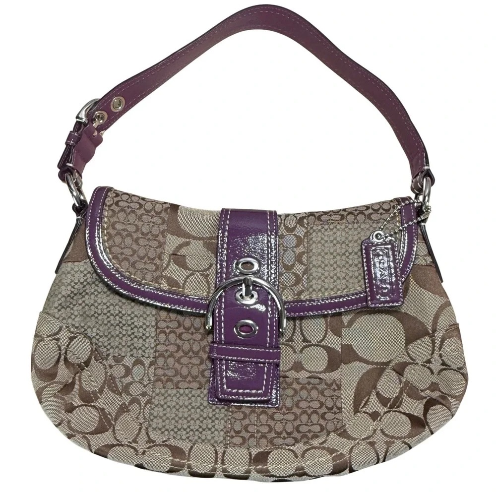 Coach Patchwork Soho Shoulder Bag Women Small Brown Purple Signature F12316